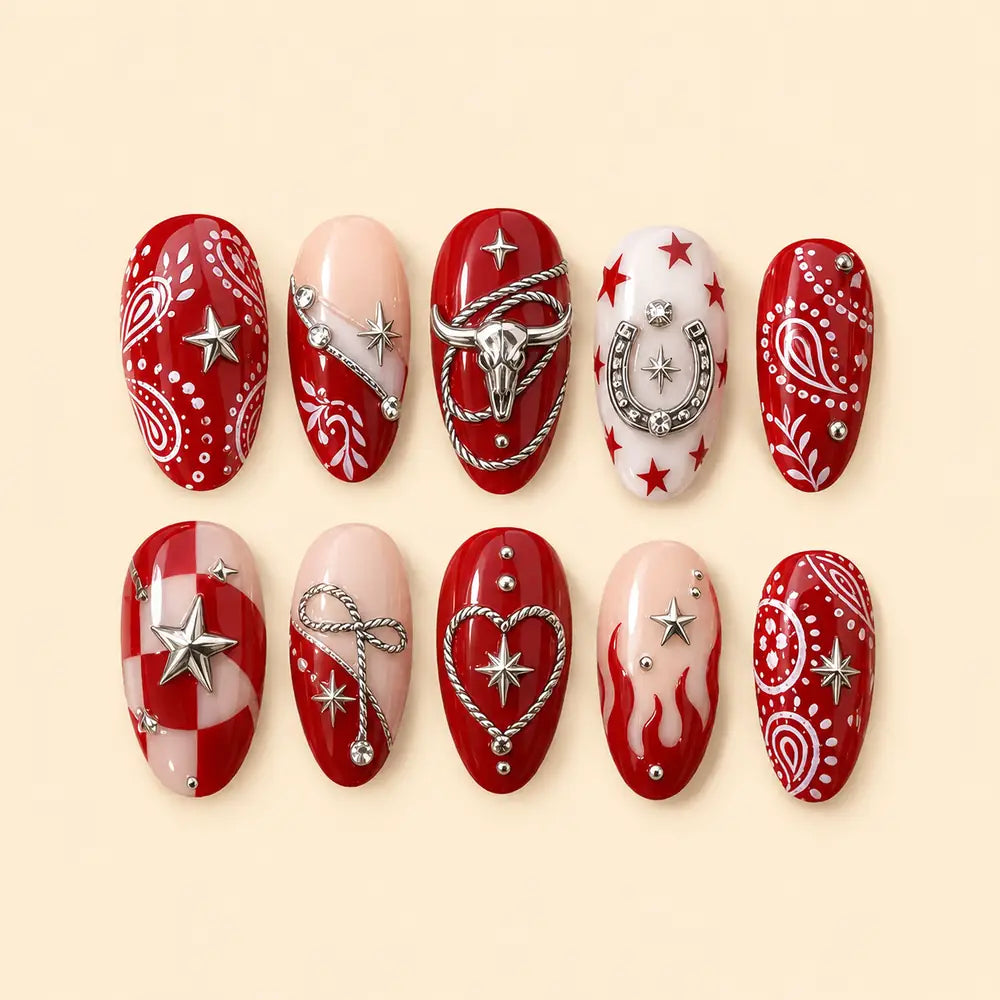 Red Western Rodeo 3D Rhinestone Press On Nails — image 1