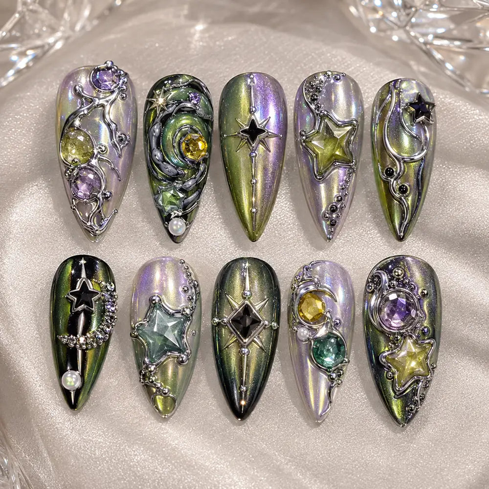 Iridescent Celestial Jewel 3D Press On Nails — image 2