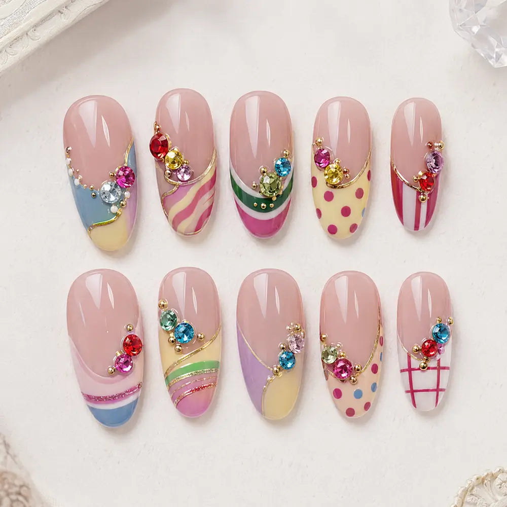 Colorful Y2K Geometric Rhinestone Press On Nails — image 2