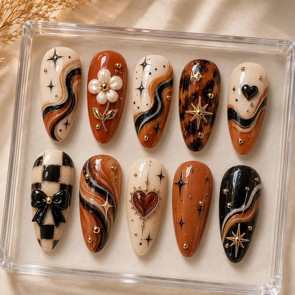 Retro Celestial Heart & Star 3D Press On Nails — image 2