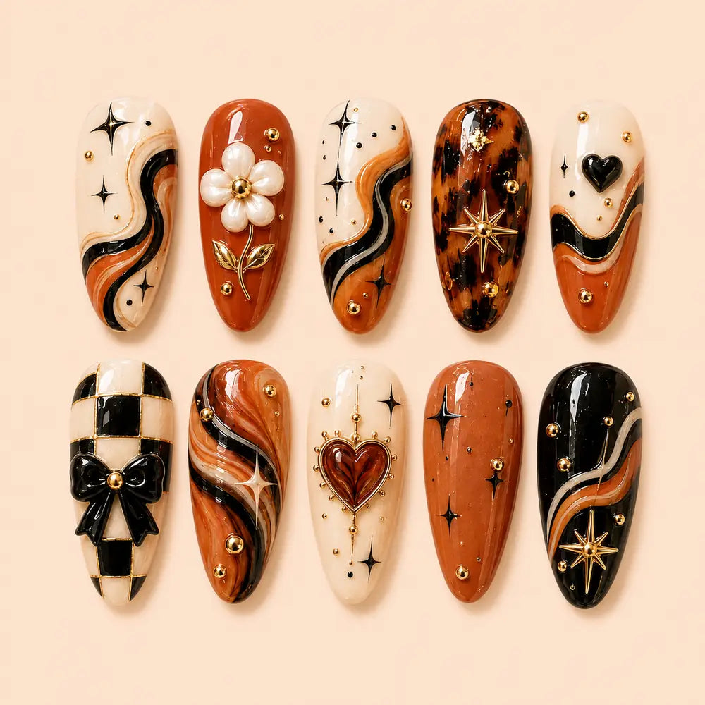 Retro Celestial Heart & Star 3D Press On Nails — image 1