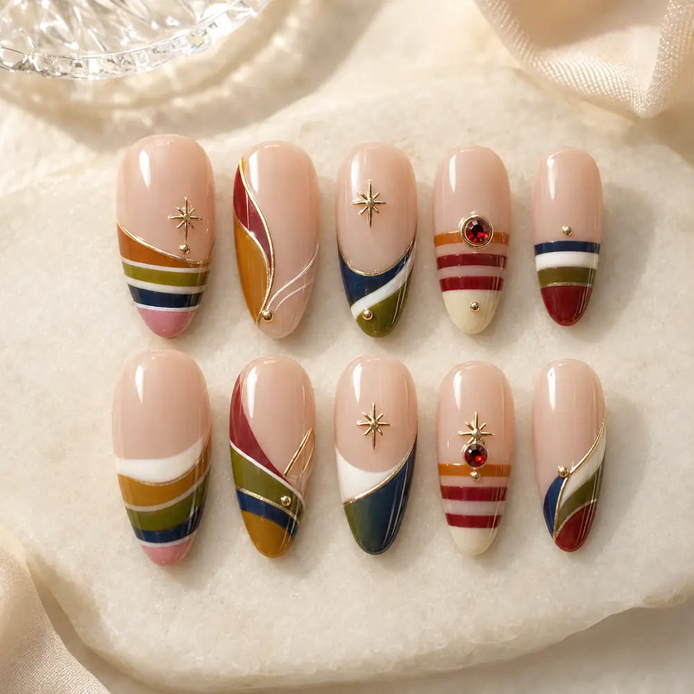 Retro Christmas Starburst French Tip Press On Nails — image 2