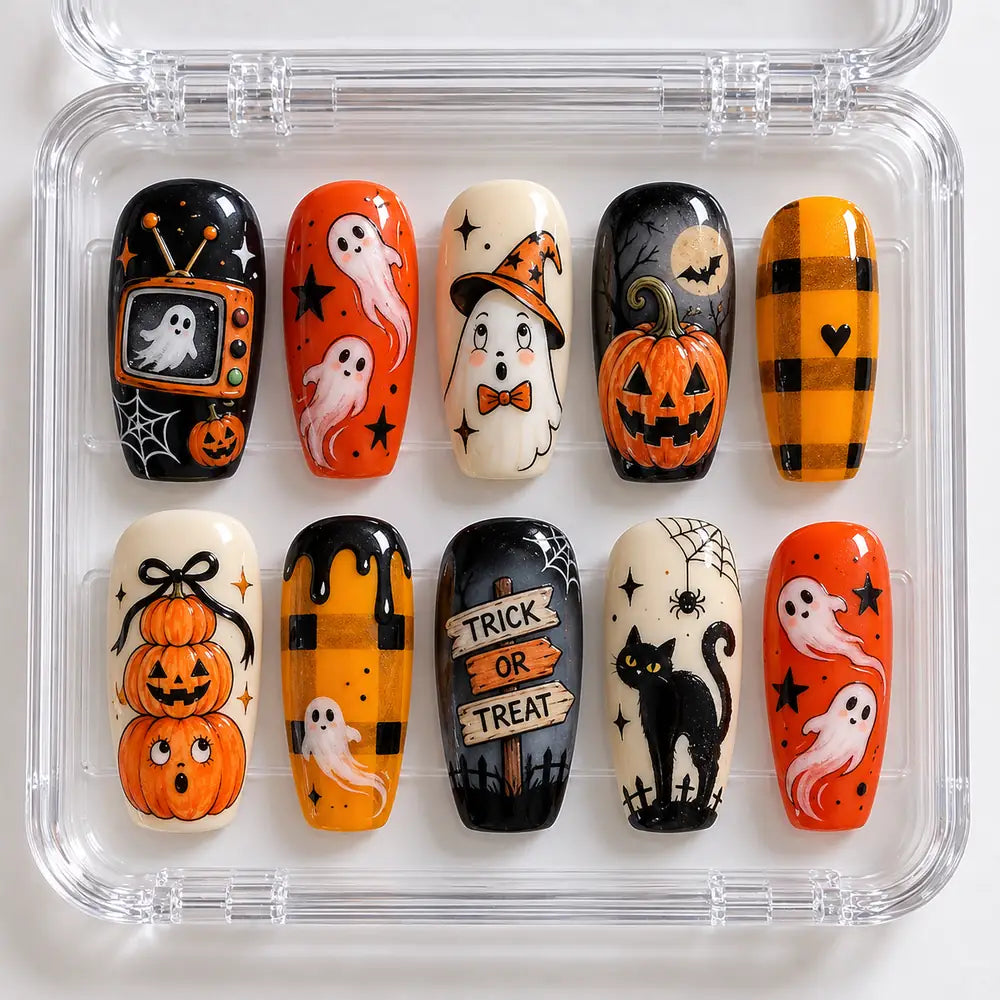 Retro Ghost and Pumpkin Halloween Coffin Press On Nails — image 2
