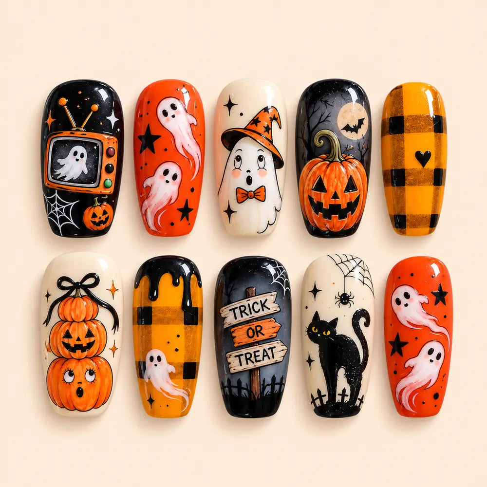 Retro Ghost and Pumpkin Halloween Coffin Press On Nails — image 1