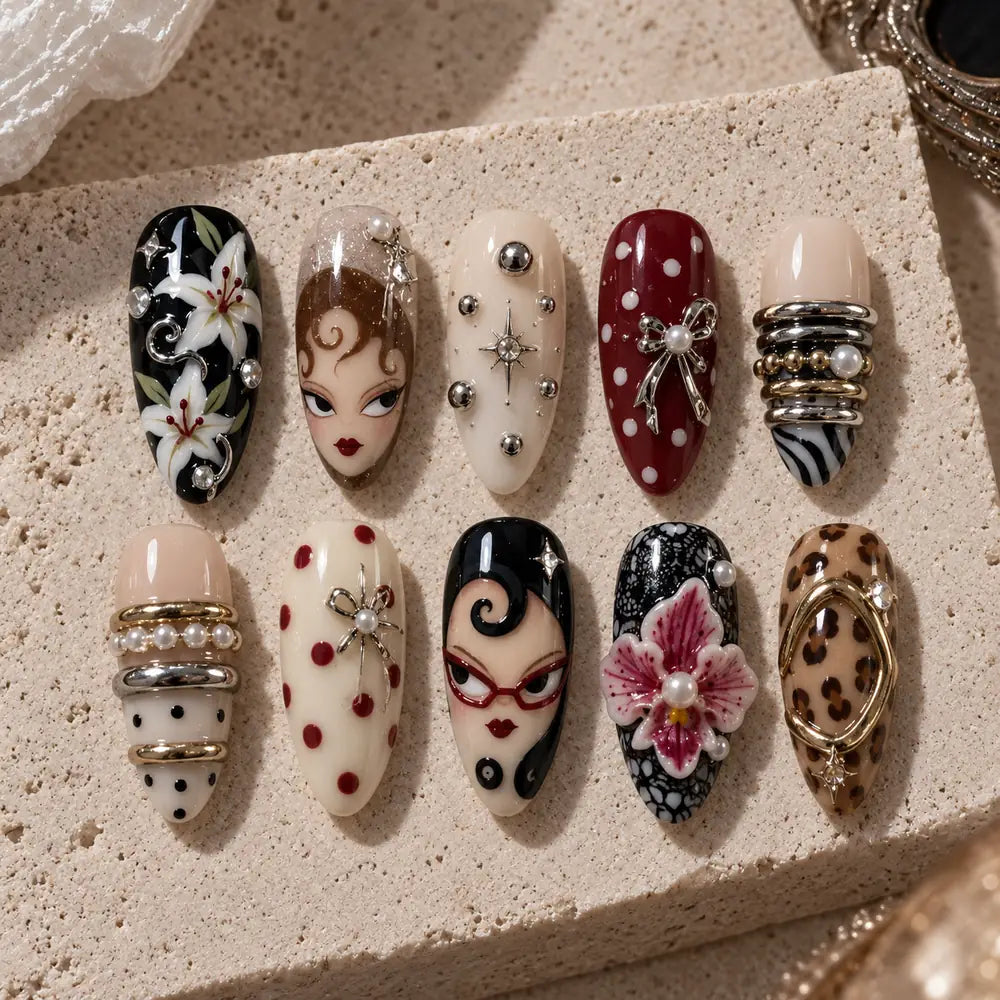 Retro Muse Floral Bow 3D Press On Nails — image 2