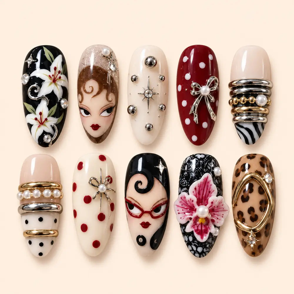 Retro Muse Floral Bow 3D Press On Nails — image 1