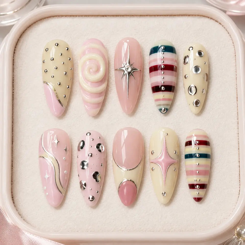 Retro Pink Starburst Swirl 3D Rhinestone Press On Nails — image 2