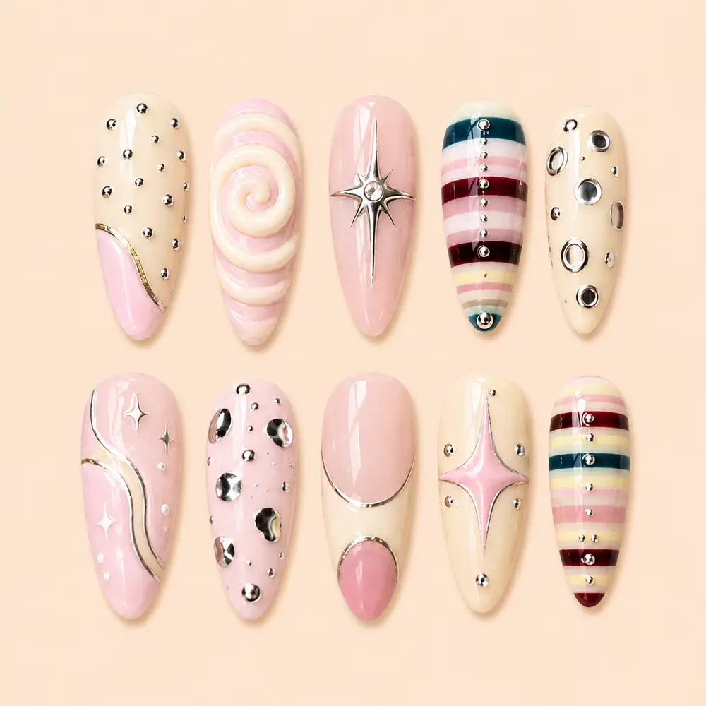 Retro Pink Starburst Swirl 3D Rhinestone Press On Nails — image 1
