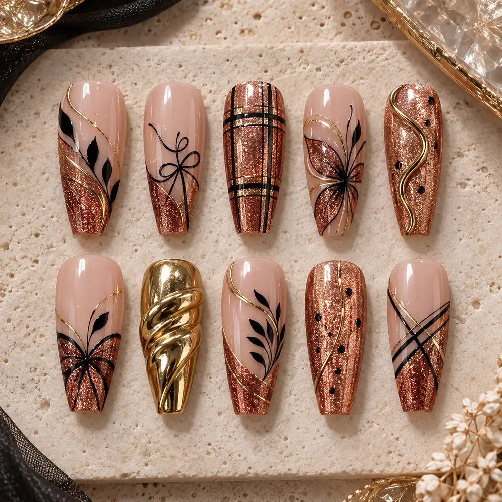 Rose Gold Glitter Botanical Press On Nails — image 2