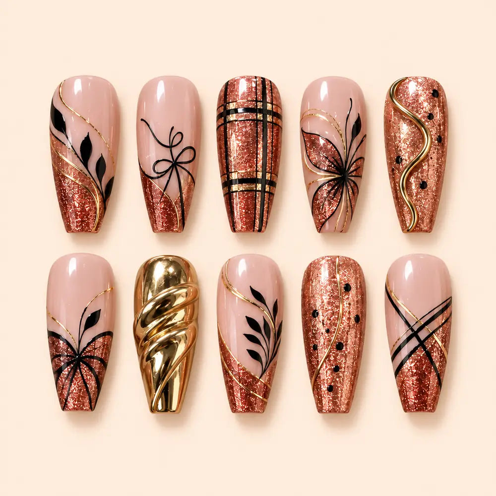 Rose Gold Glitter Botanical Press On Nails — image 1