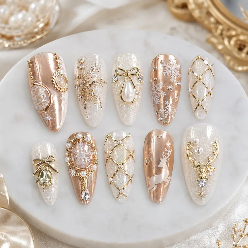 Rose Gold Snowflake Reindeer Christmas Press On Nails — image 2