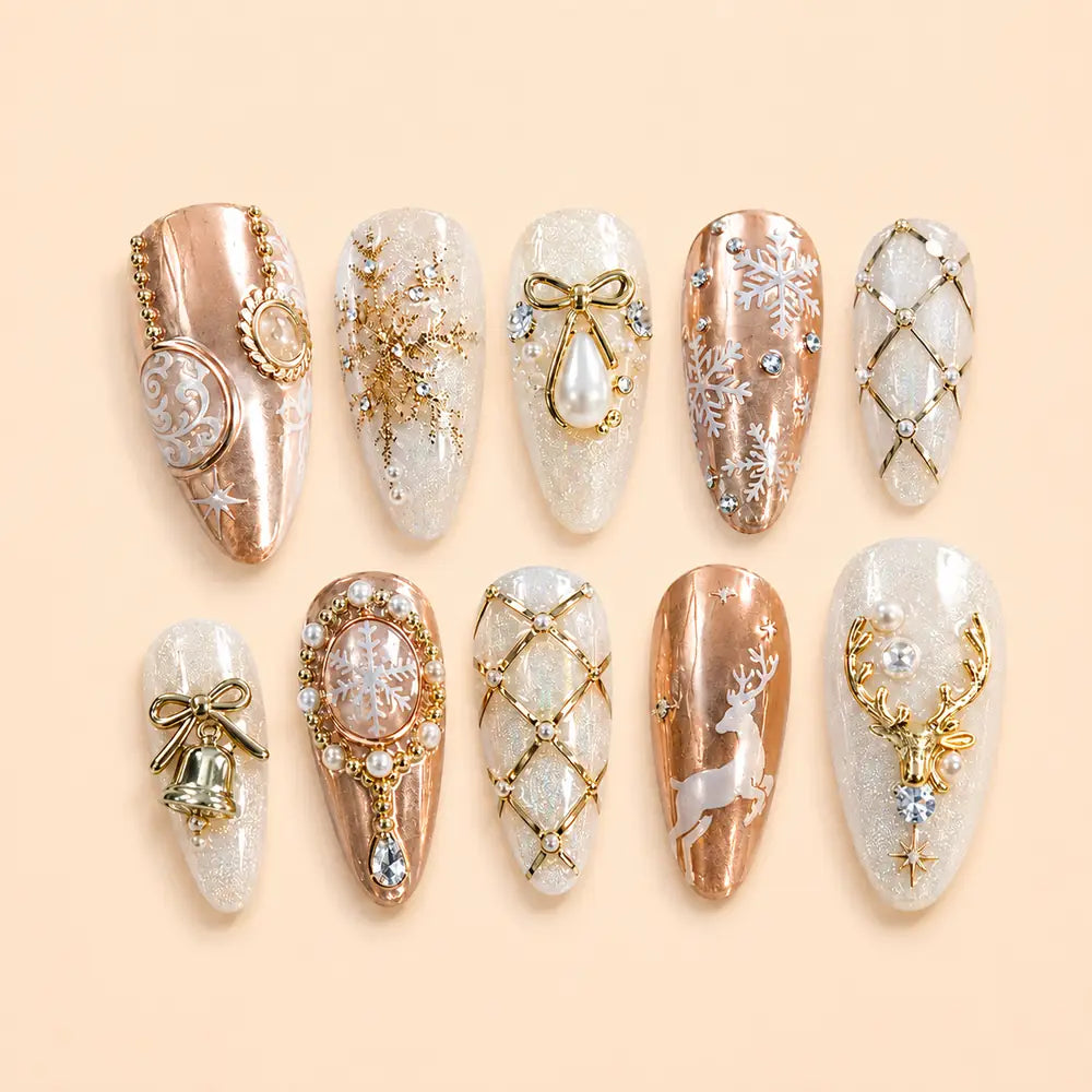 Rose Gold Snowflake Reindeer Christmas Press On Nails — image 1