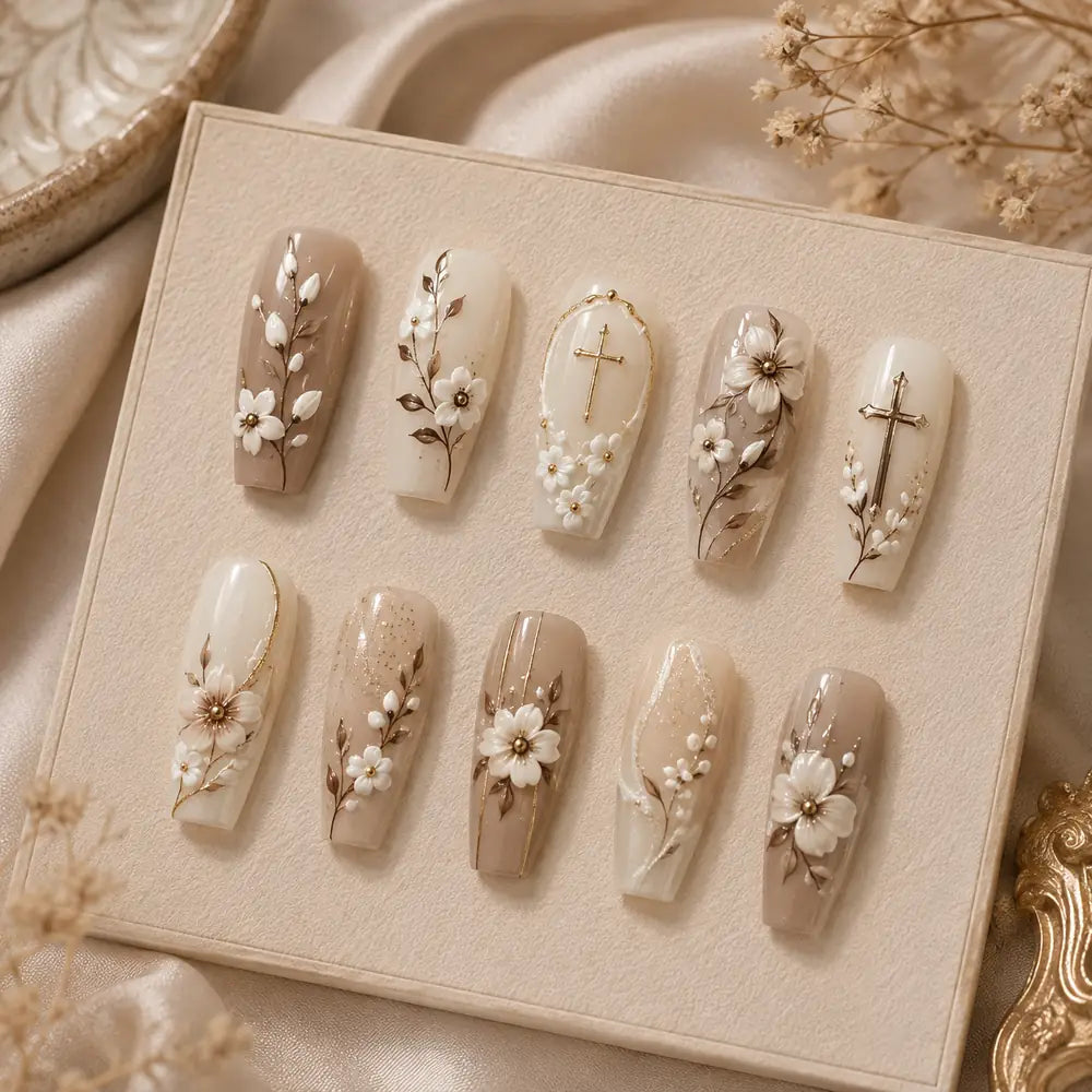 Sacred Blossom Cross 3D Press On Nails — image 2