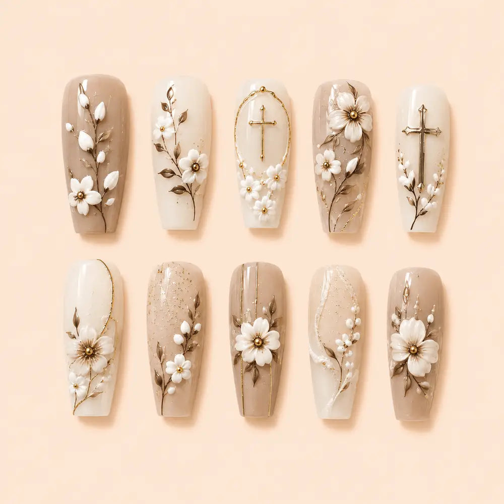 Sacred Blossom Cross 3D Press On Nails — image 1