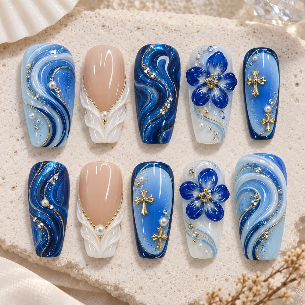 Sacred Blue Bloom Cross Rhinestone Press On Nails — image 2