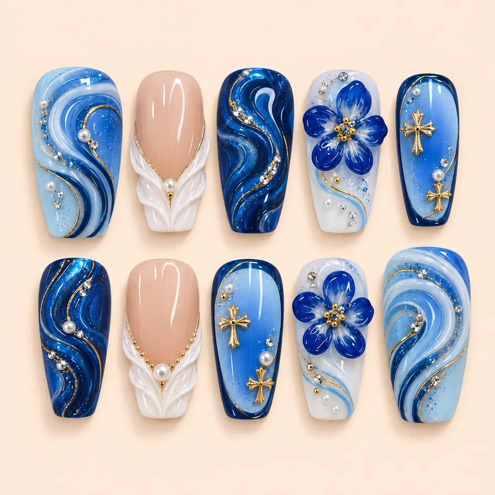Sacred Blue Bloom Cross Rhinestone Press On Nails — image 1