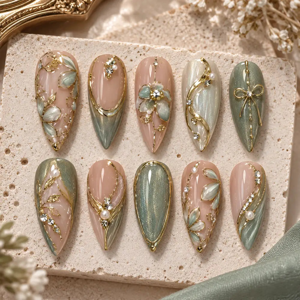 Sage Botanical Bow 3D Rhinestone Press On Nails — image 2