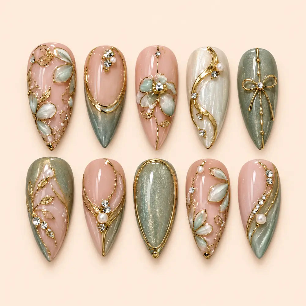 Sage Botanical Bow 3D Rhinestone Press On Nails — image 1