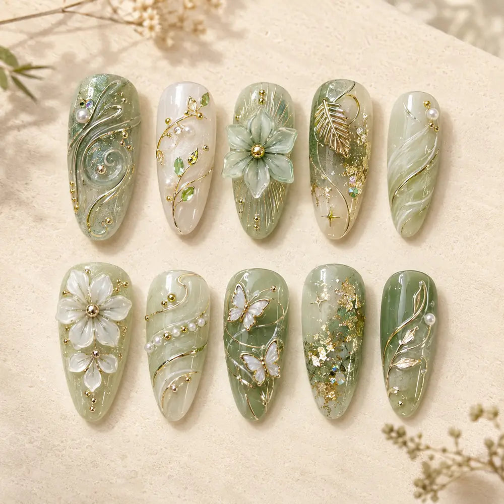 Sage Botanical Butterfly 3D Floral Press On Nails — image 2