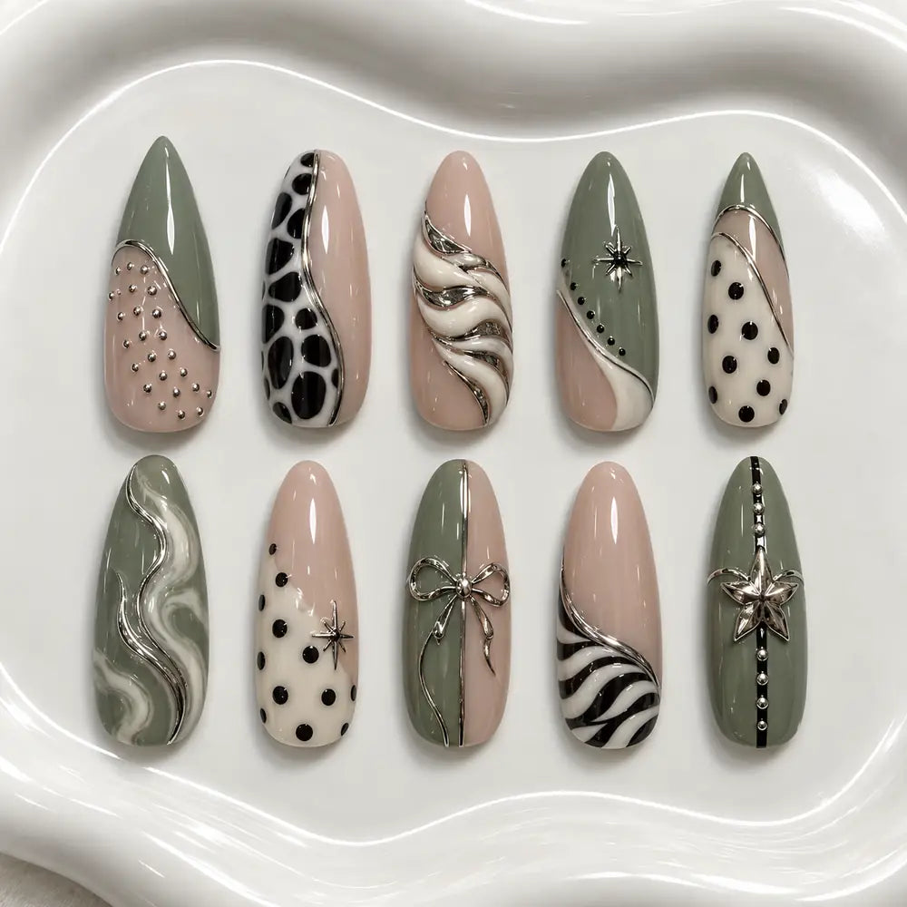 Sage Bow and Star 3D Press On Nails — image 2