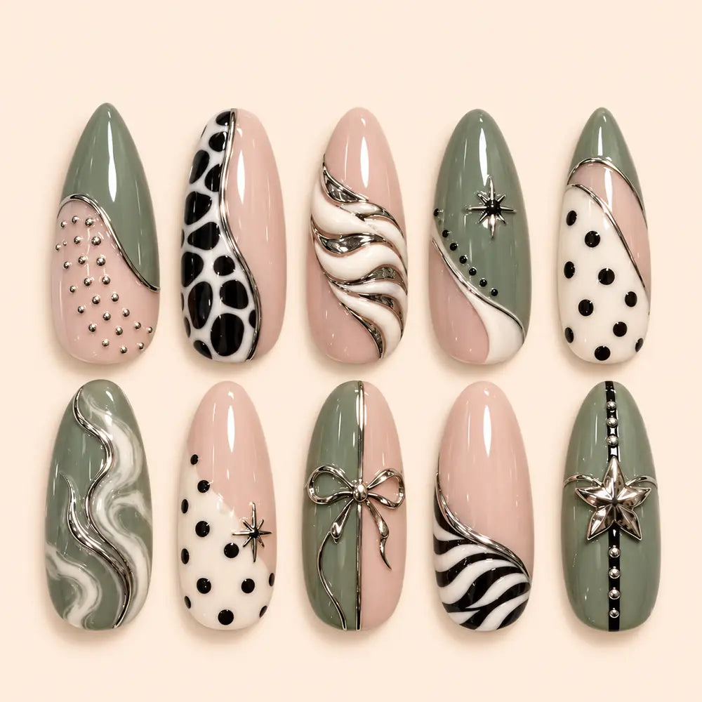 Sage Bow and Star 3D Press On Nails — image 1