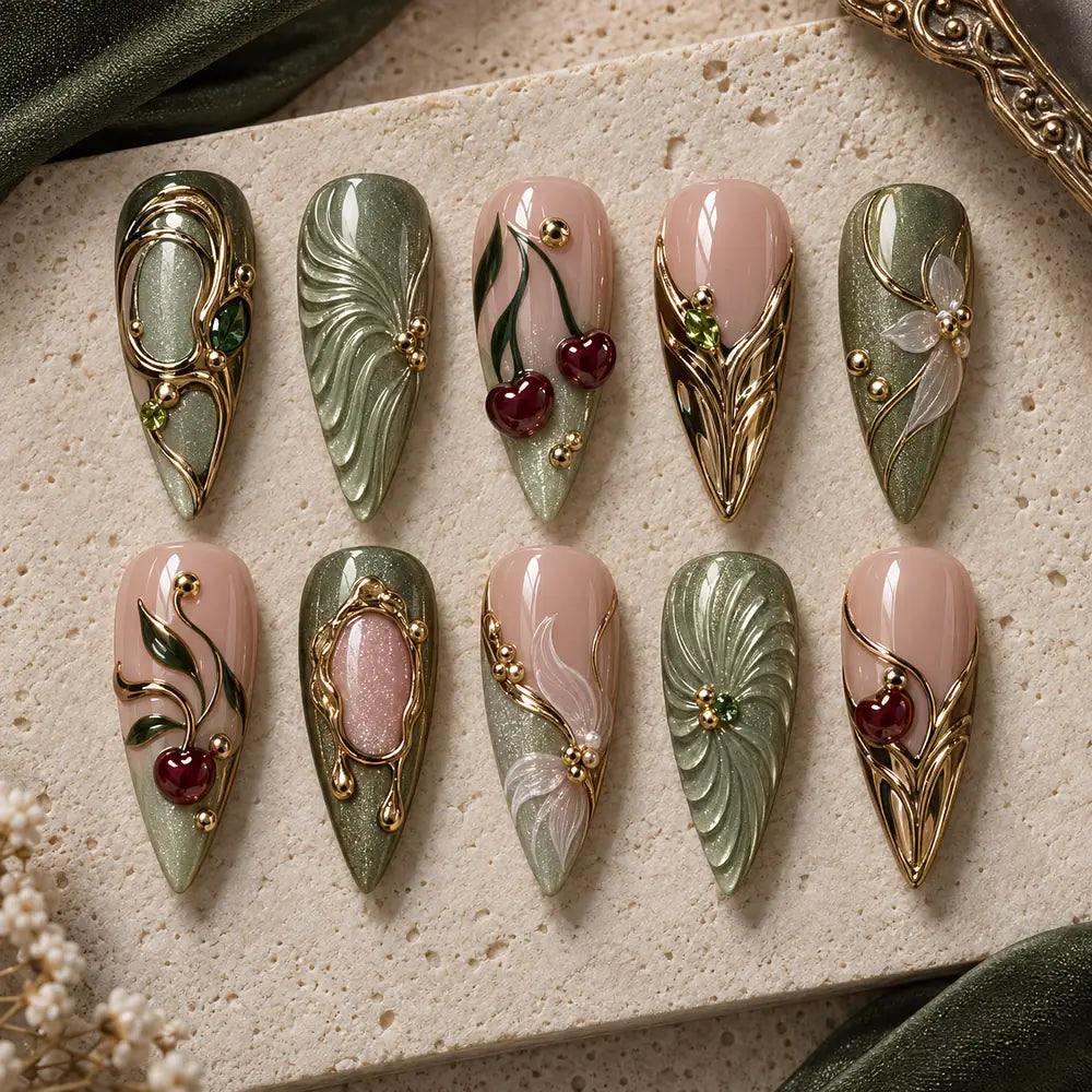 Sculpted Cherry Vine Sage Stiletto Press On Nails — image 2