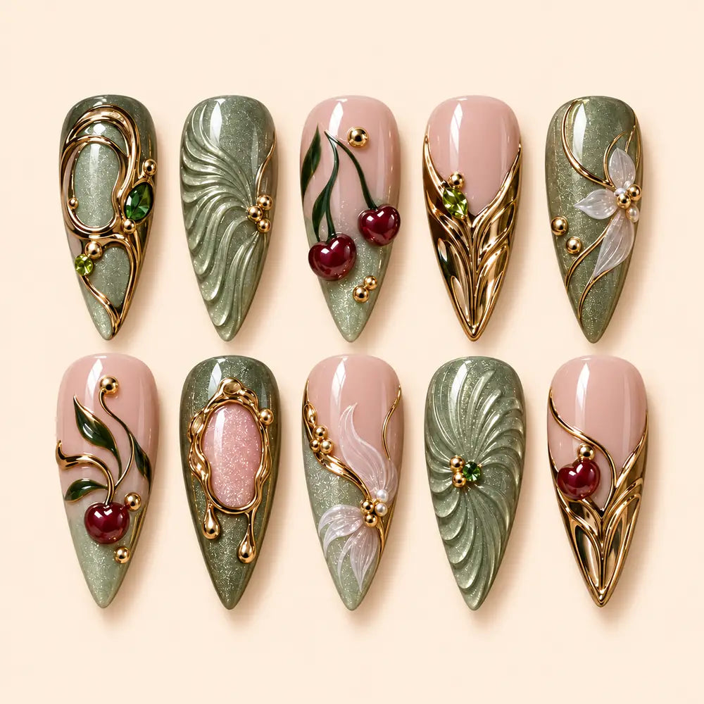 Sculpted Cherry Vine Sage Stiletto Press On Nails — image 1