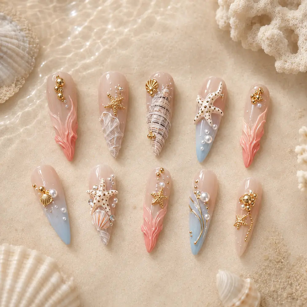Sculpted Starfish & Seashell 3D Press On Nails — image 2