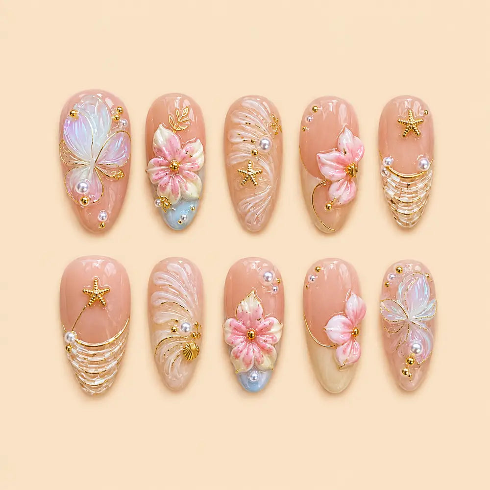Seaside Blossom & Butterfly 3D Press On Nails — image 1