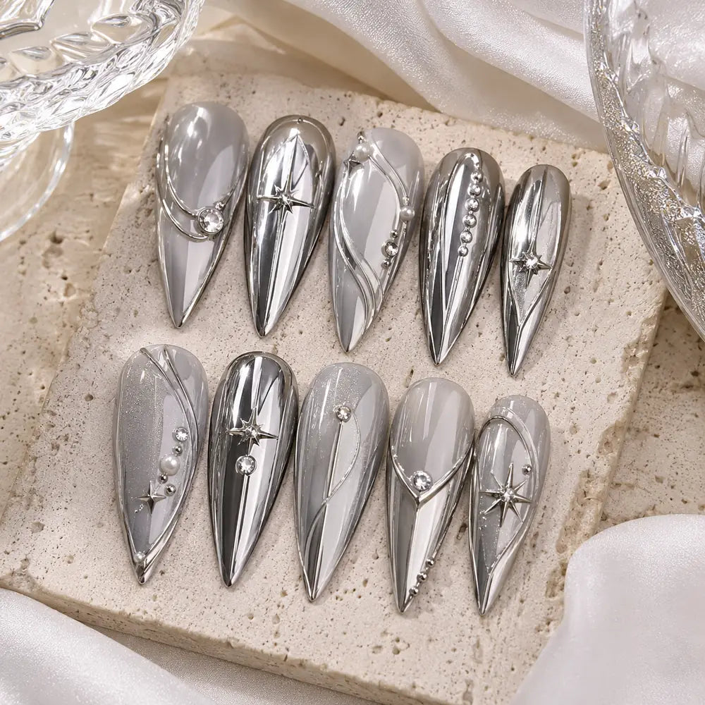 Silver Celestial Star Chrome Rhinestone Press On Nails — image 2