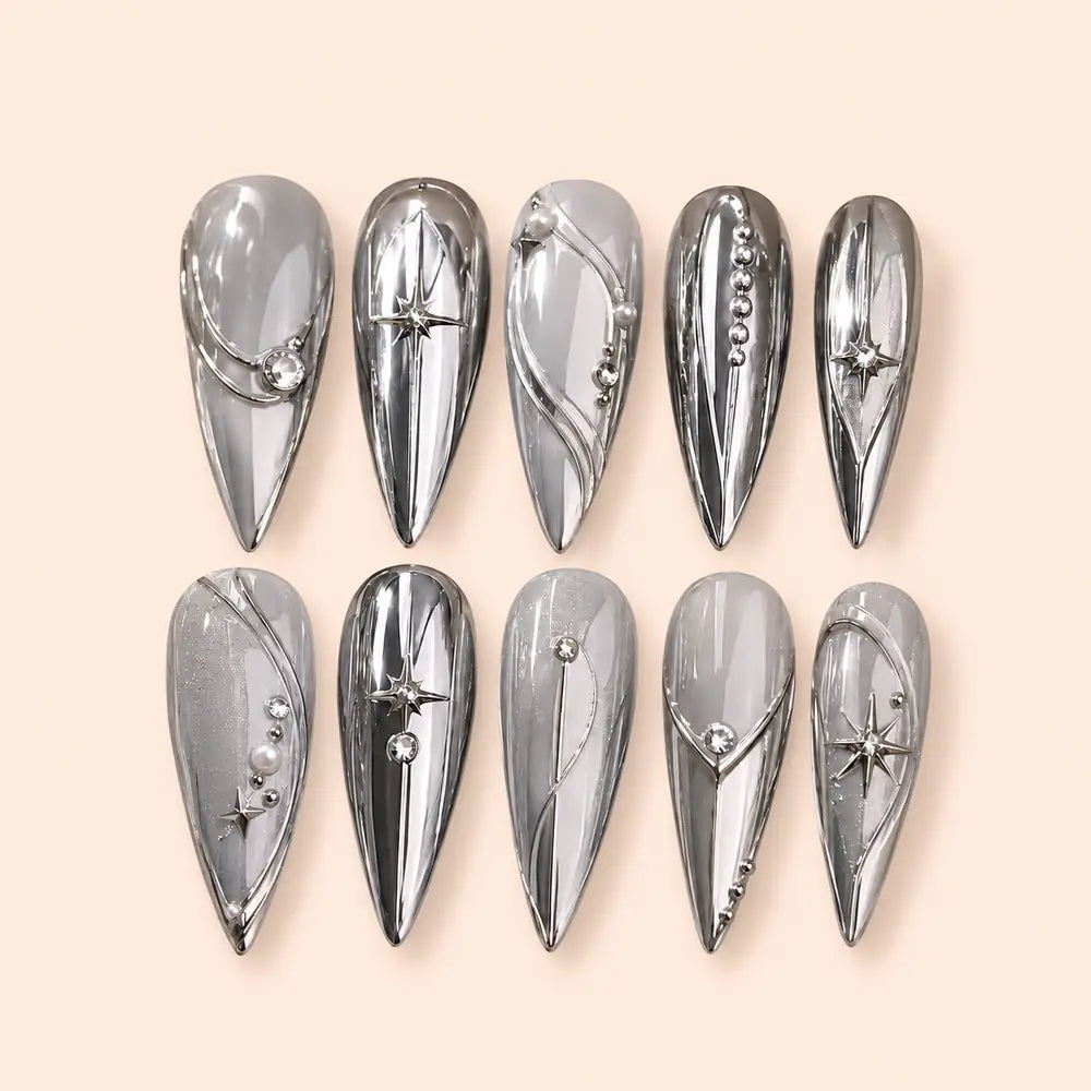 Silver Celestial Star Chrome Rhinestone Press On Nails — image 1