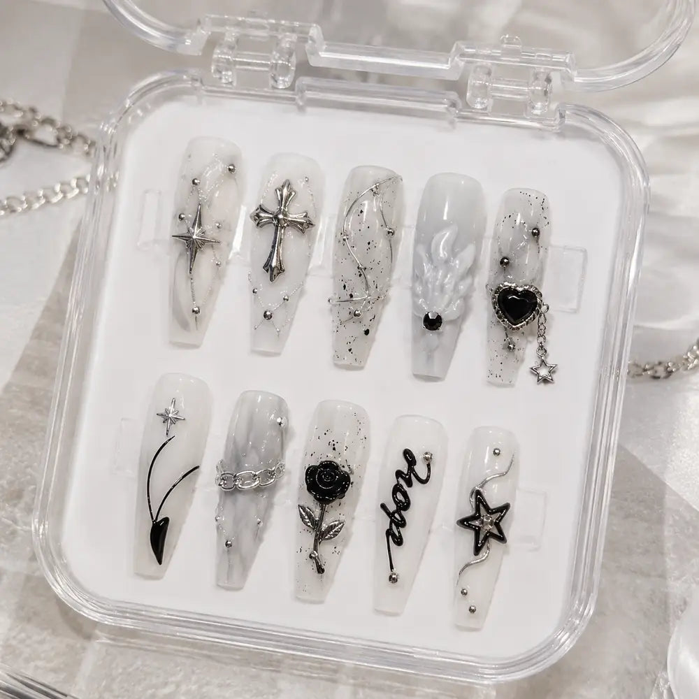 Silver Cross and Black Rose 3D Coffin Press On Nails — image 2