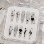Silver Cross and Black Rose 3D Coffin Press On Nails — image 2