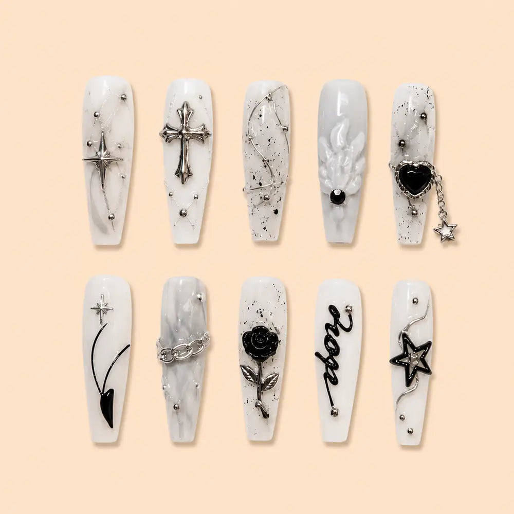 Silver Cross and Black Rose 3D Coffin Press On Nails — image 1