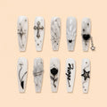 Silver Cross and Black Rose 3D Coffin Press On Nails — image 1