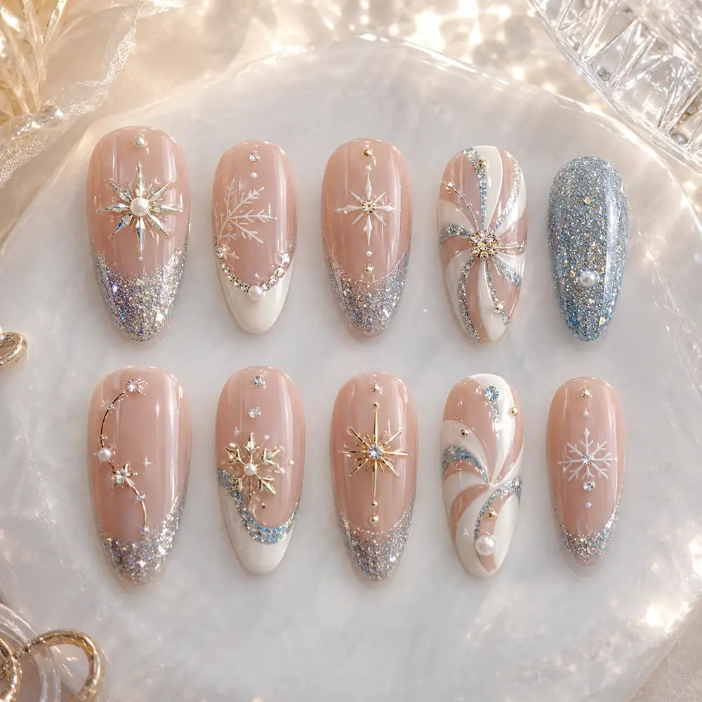 Silver Snowflake Starburst Glitter Press On Nails — image 2