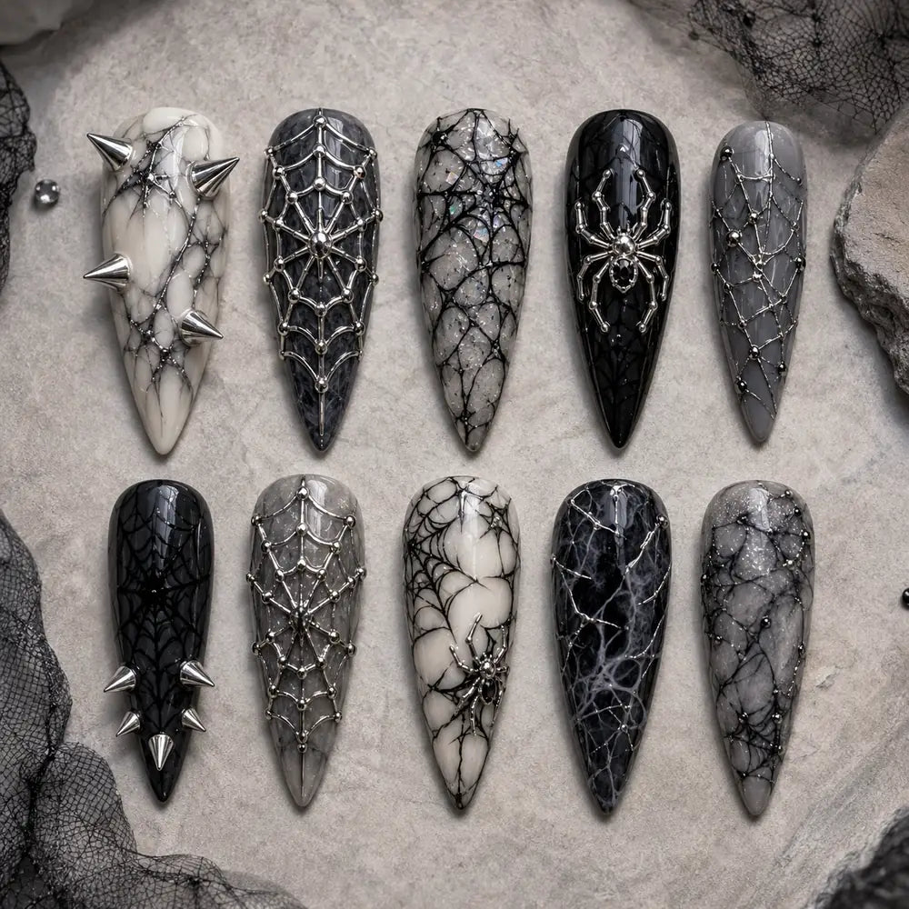 Silver Spiderweb Marble Stiletto Press On Nails — image 2