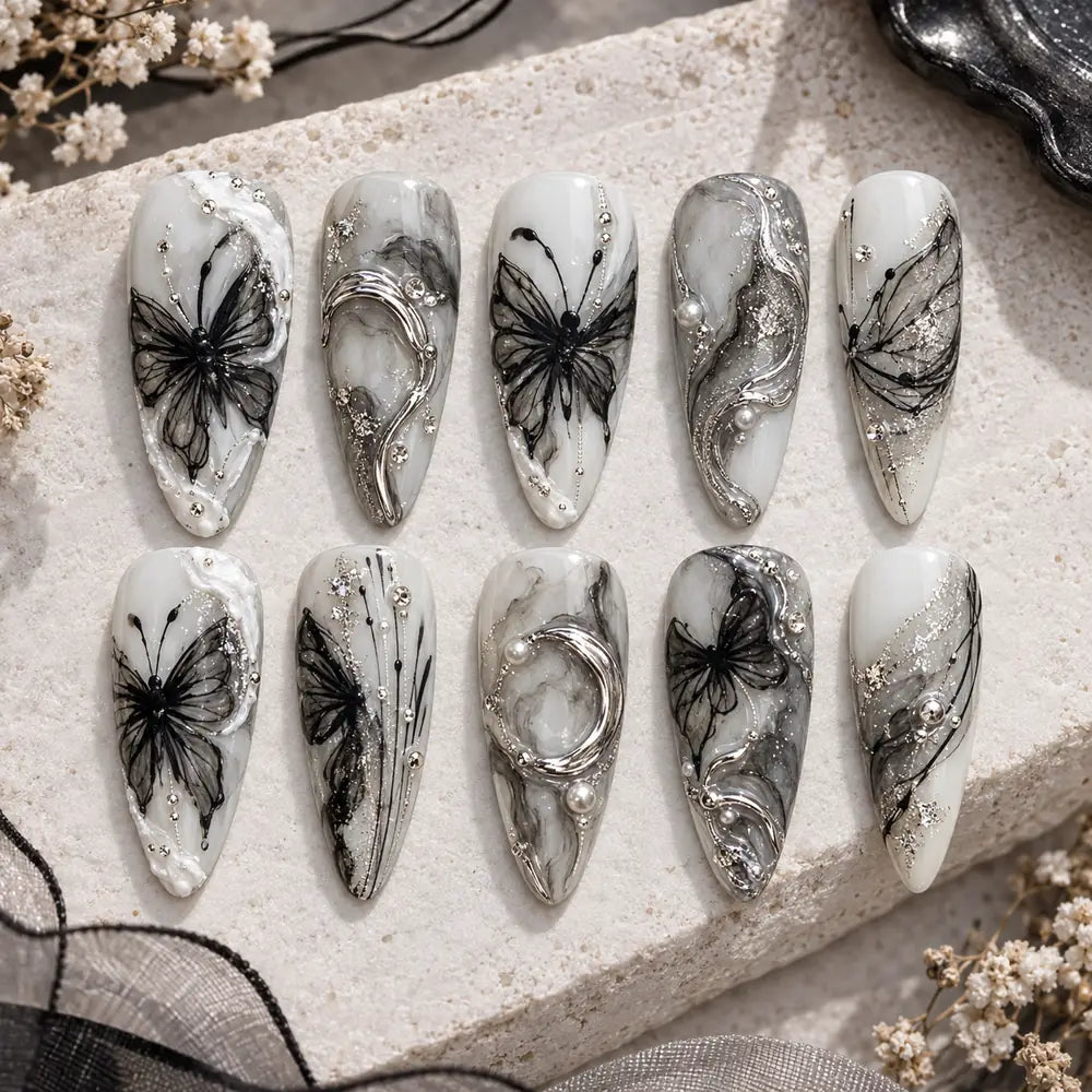 Silver Veil Butterfly Marble Press On Nails — image 2