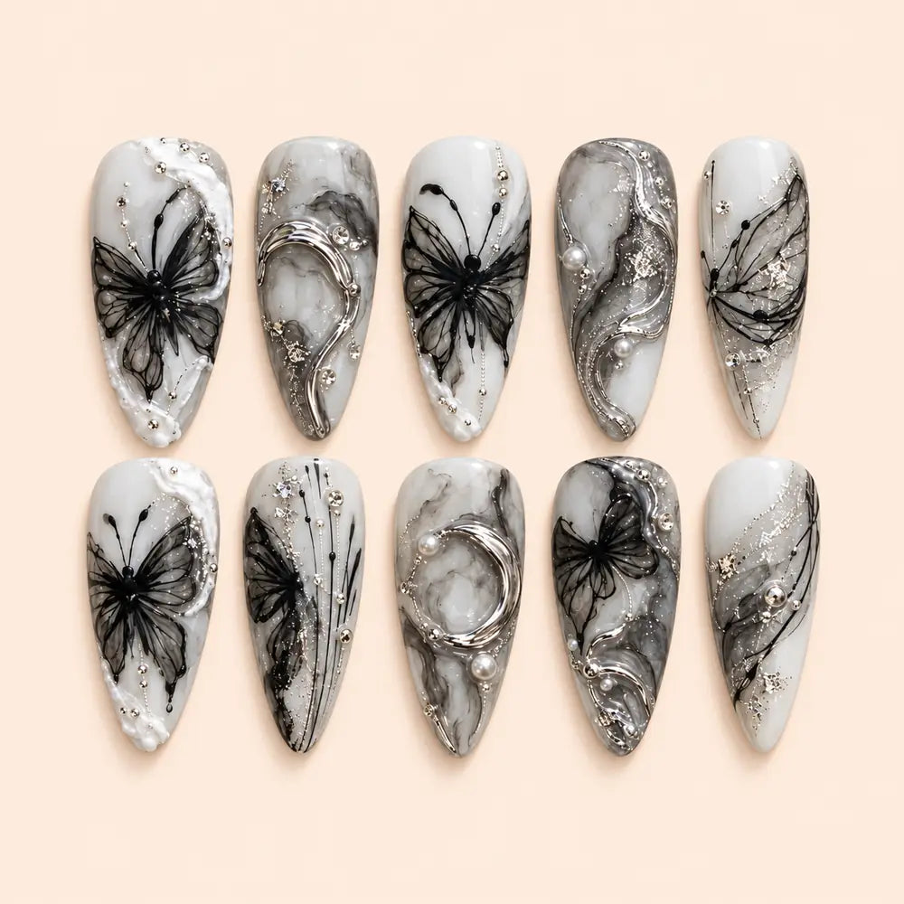 Silver Veil Butterfly Marble Press On Nails — image 1
