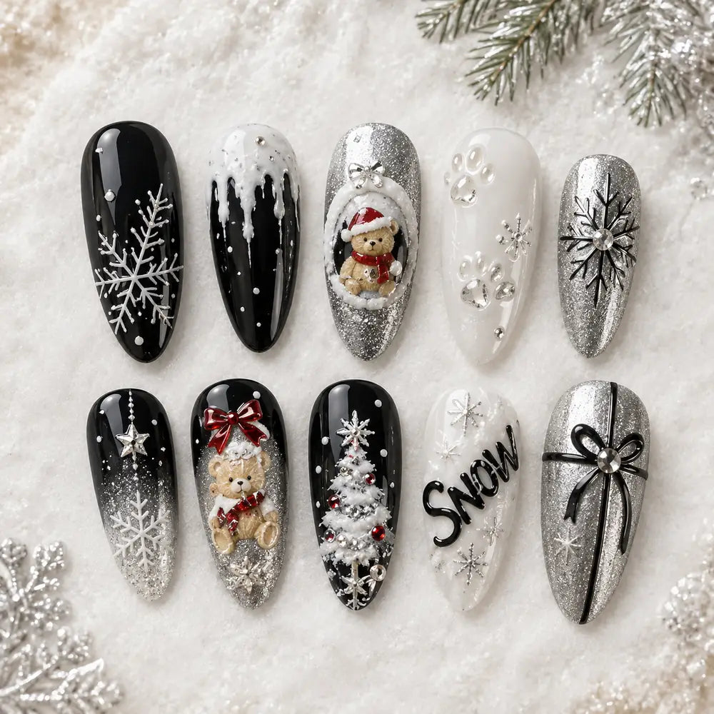 Snowy Teddy Christmas 3D Glitter Press On Nails — image 2