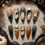 Spooky Halloween Pumpkin Skull Cat Eye Press On Nails