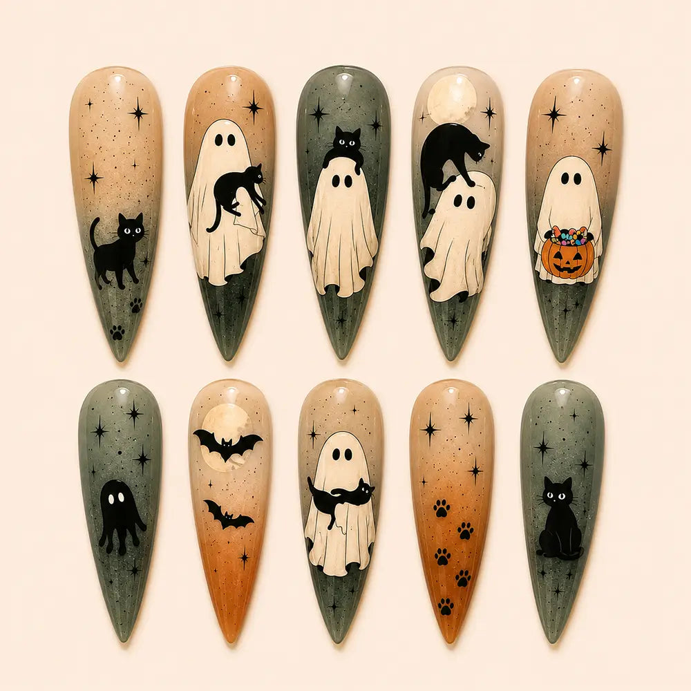 Spooky Halloween Pumpkin Skull Cat Eye Press On Nails