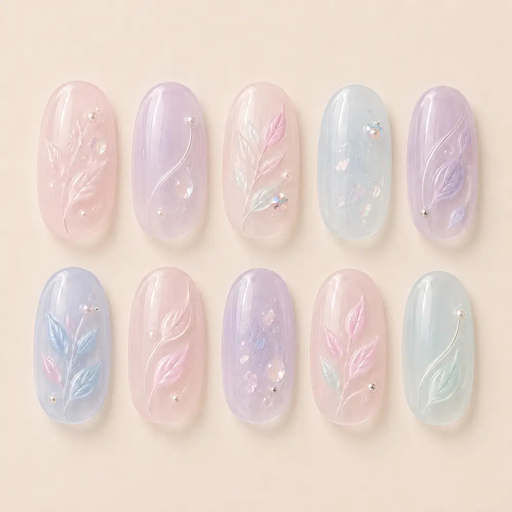 Spring Pastel Leaf Opal Jelly Ombre Press On Nails
