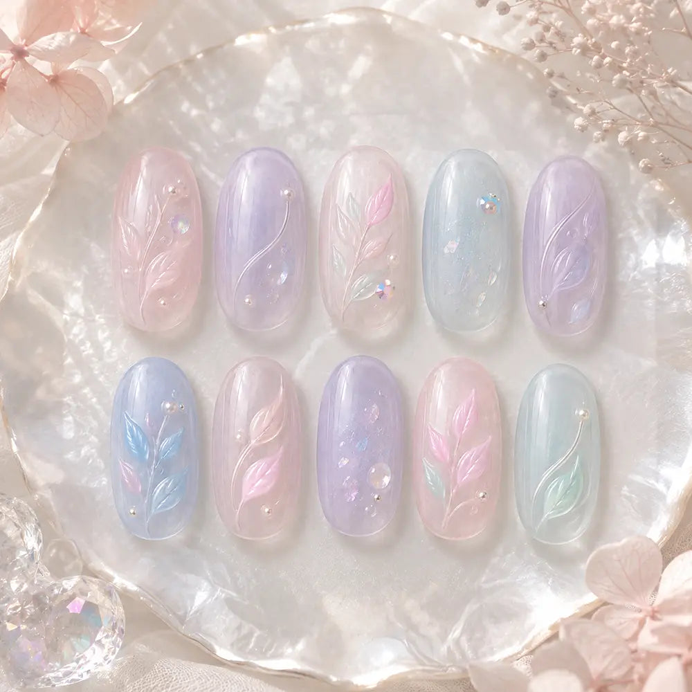 Spring Pastel Leaf Opal Jelly Ombre Press On Nails