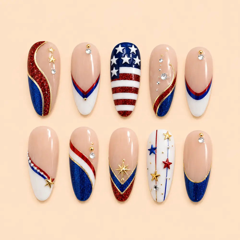 Stars and Stripes Glitter French Tip Press On Nails — image 1