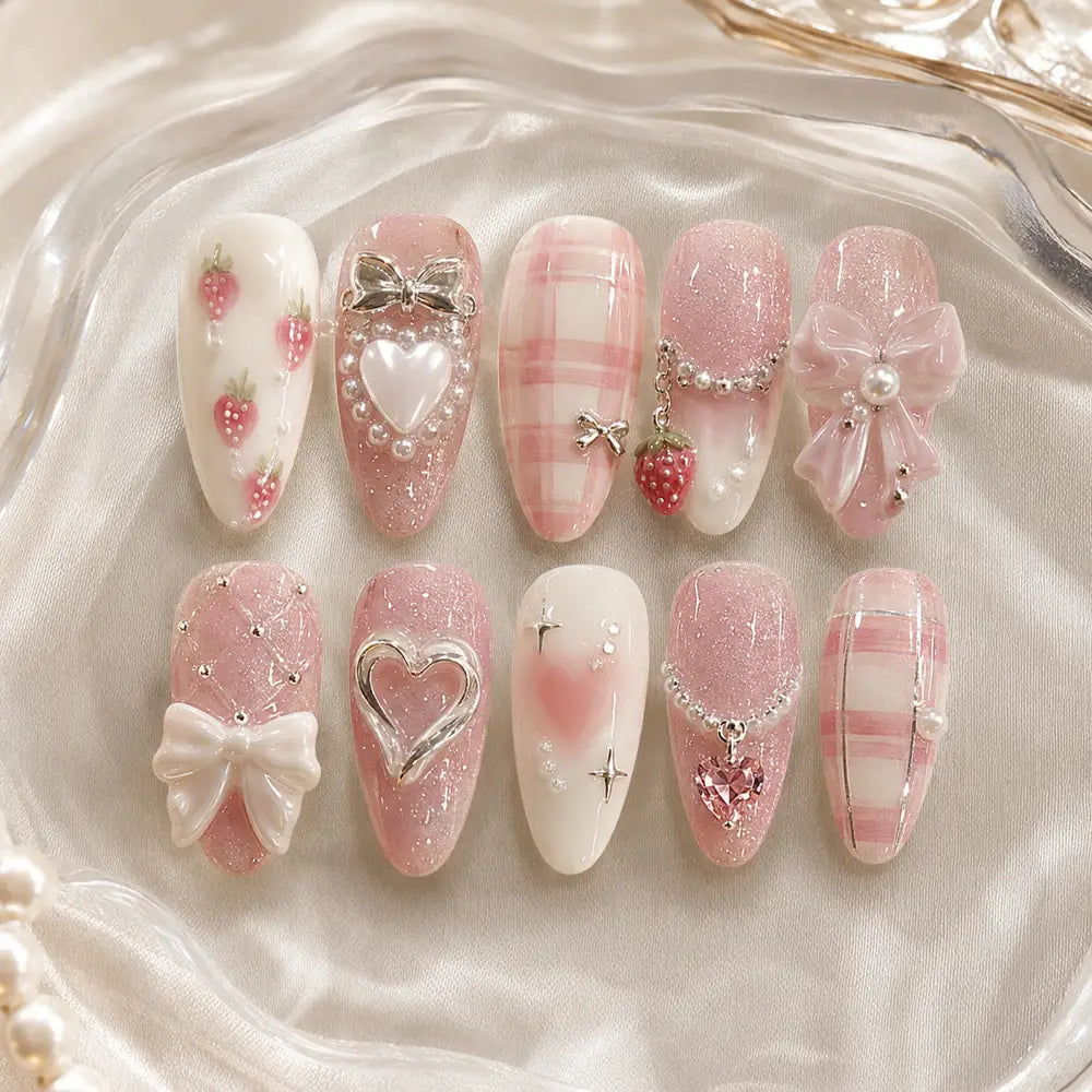 Strawberry Bow Heart Coquette Press On Nails — image 2