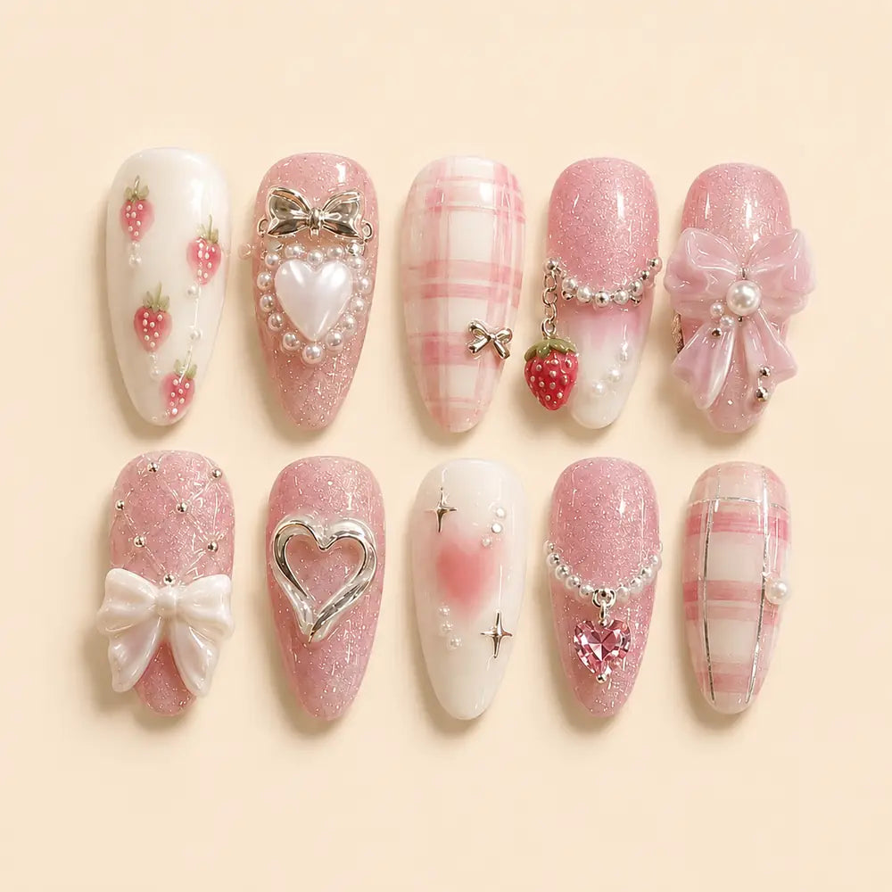 Strawberry Bow Heart Coquette Press On Nails — image 1