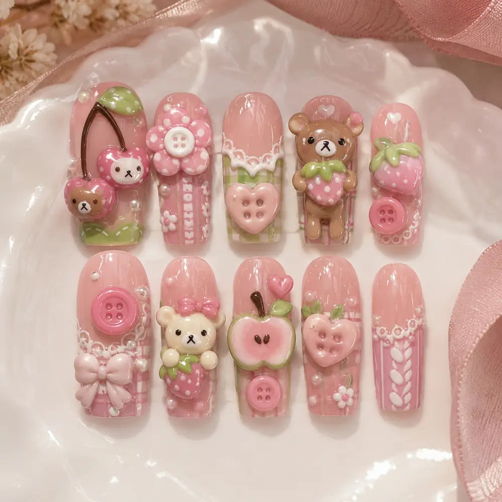 Strawberry Picnic Bears 3D Press On Nails — image 2