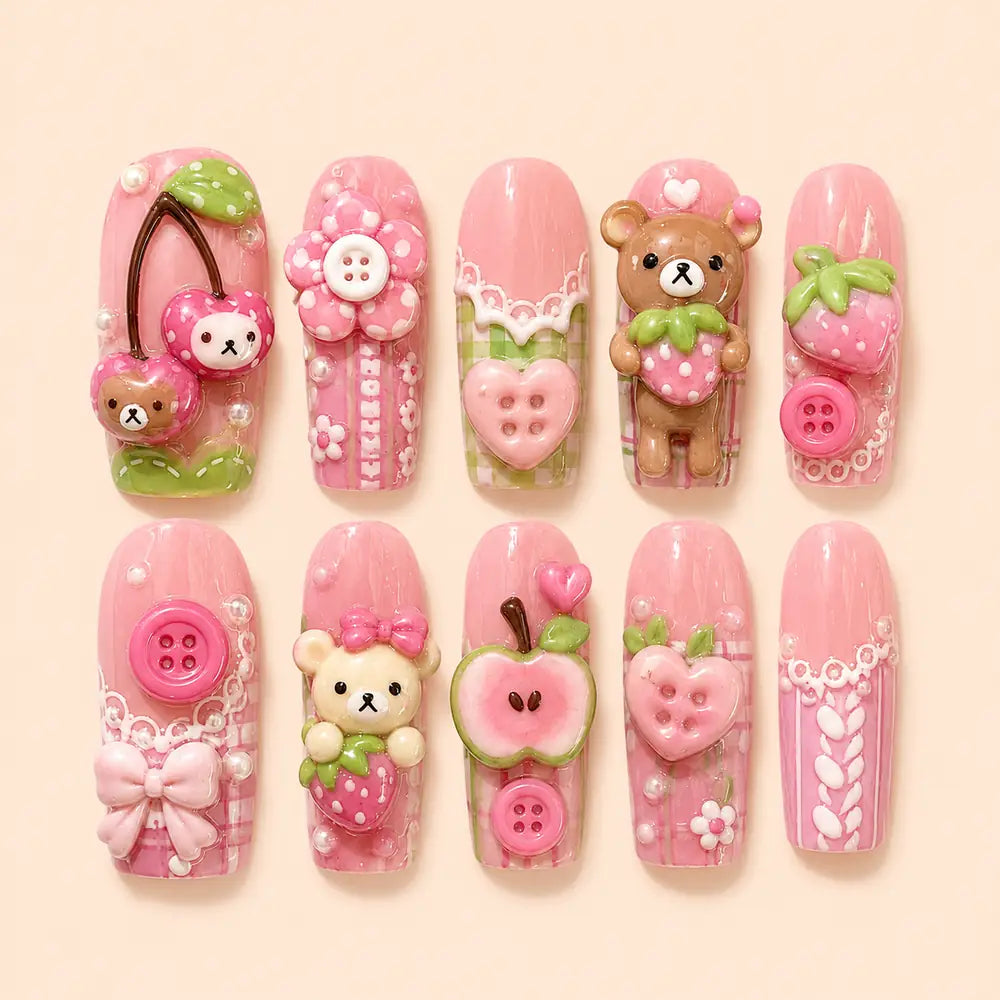 Strawberry Picnic Bears 3D Press On Nails — image 1