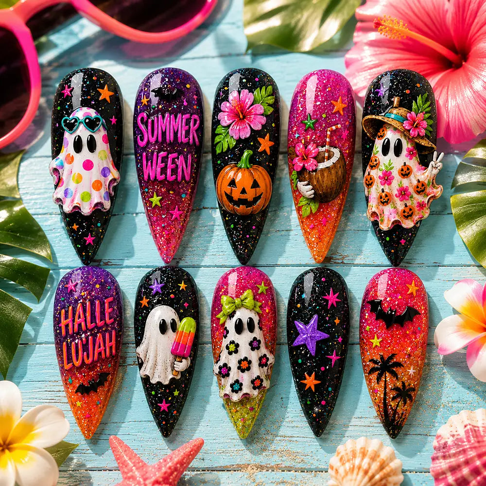 Summer Halloween Floral Ghost Glitter Press On Nails